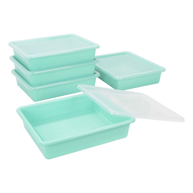 Storex Letter Size Flat Storage Tray - Organizer Bin with Non-Snap Lid for Classroom, Office and Home, Teal, 5-Pack (62541U05C) - Image 3